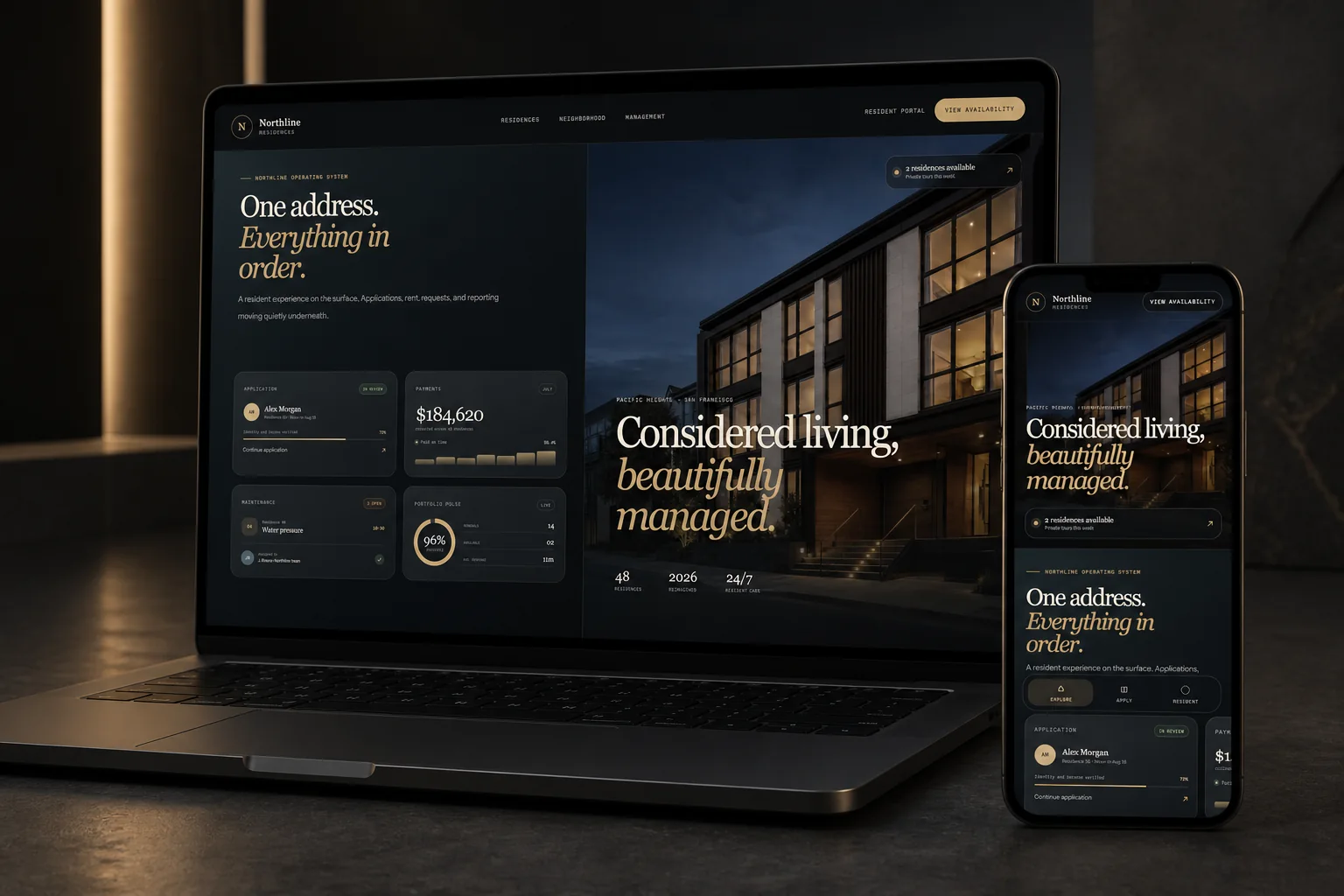 The Northline property platform displayed on a laptop and phone, showing the same responsive experience across both devices