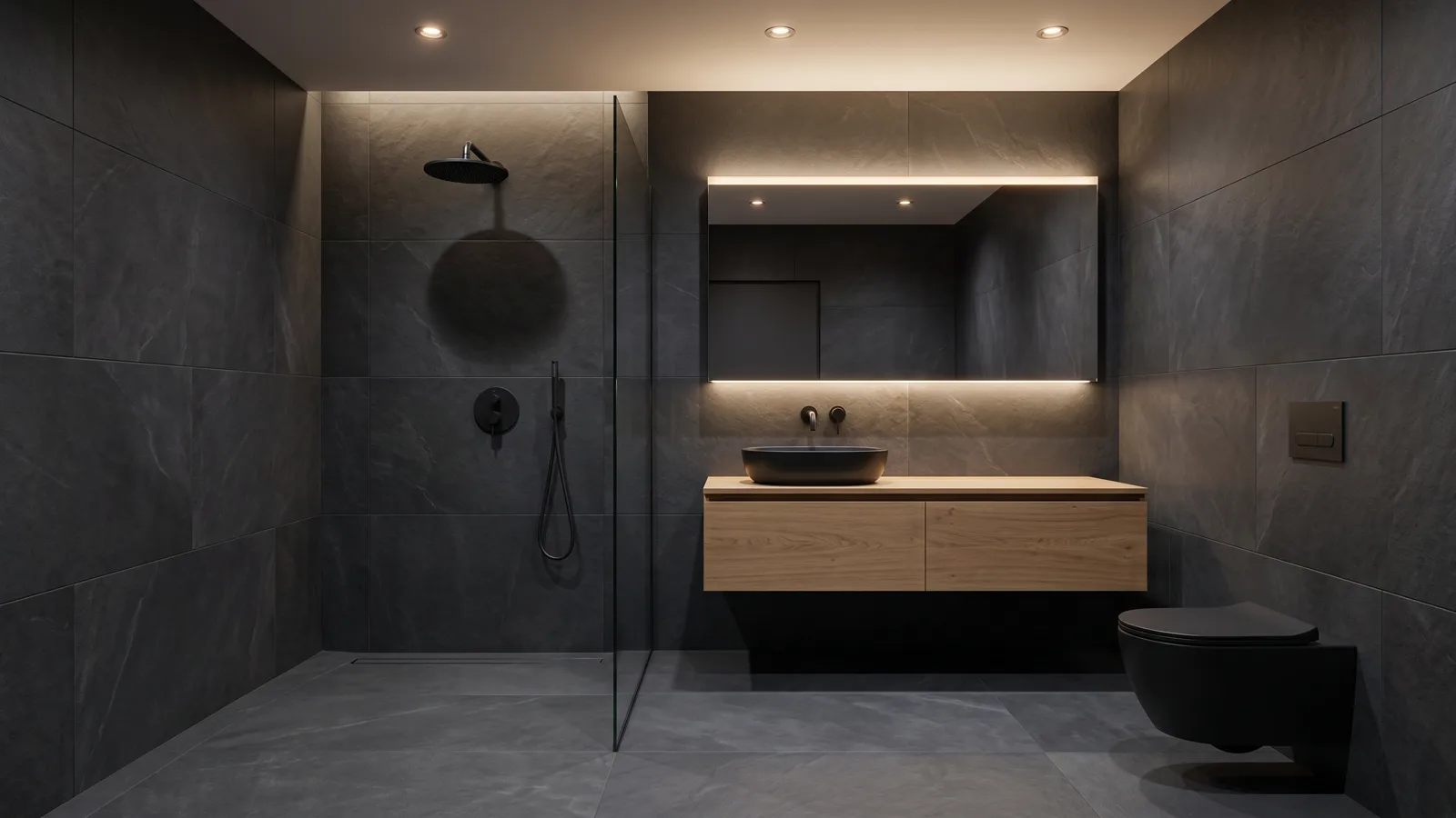 Renovated primary bathroom with heated floor, new tile, and updated fixtures