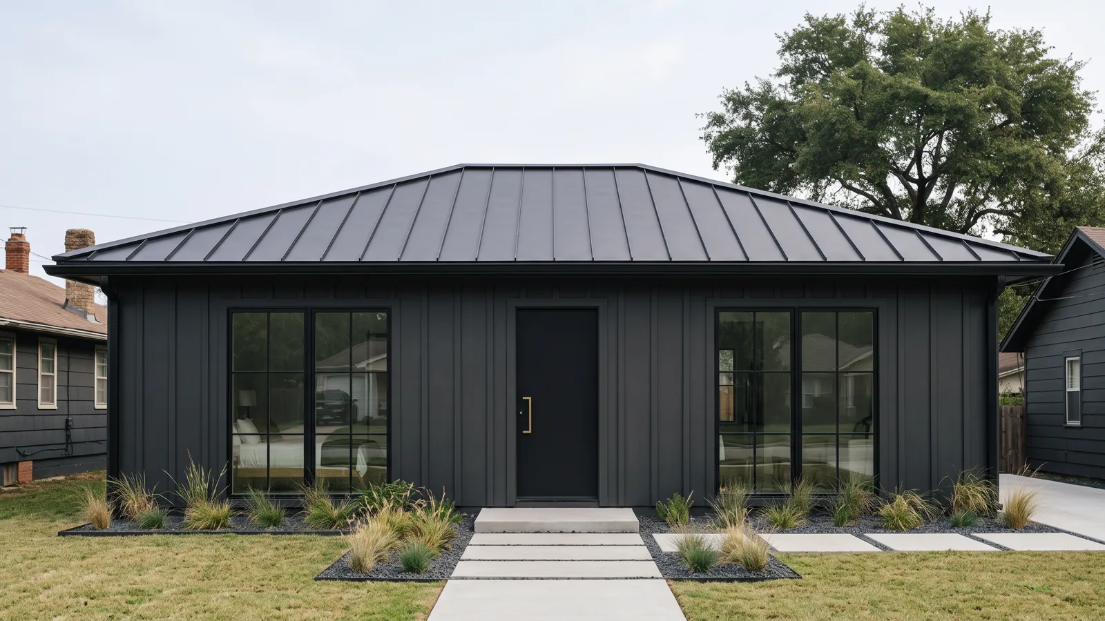 Renovated exterior with new siding and updated window glazing