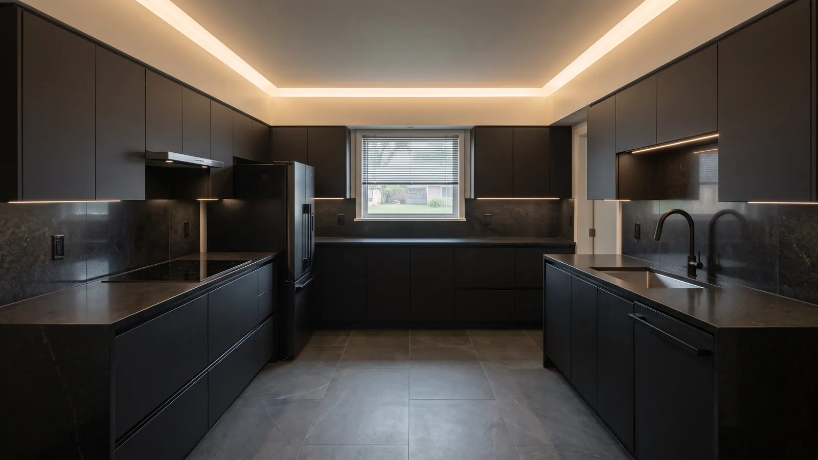 Renovated kitchen with new cabinetry, stone counters, and updated lighting