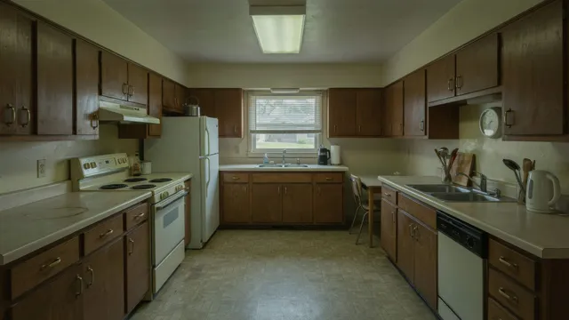 Dated kitchen with worn laminate counters and outdated cabinetry, before renovation