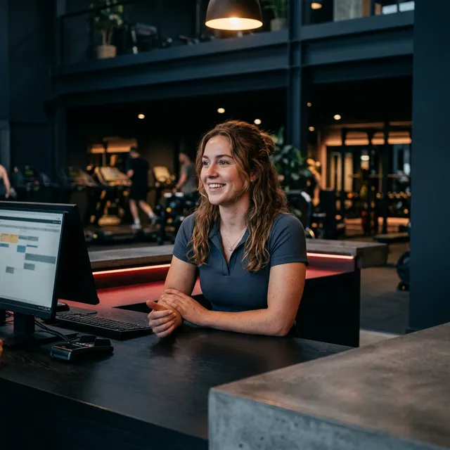 Gym receptionist at the front desk representing the search and SEO module